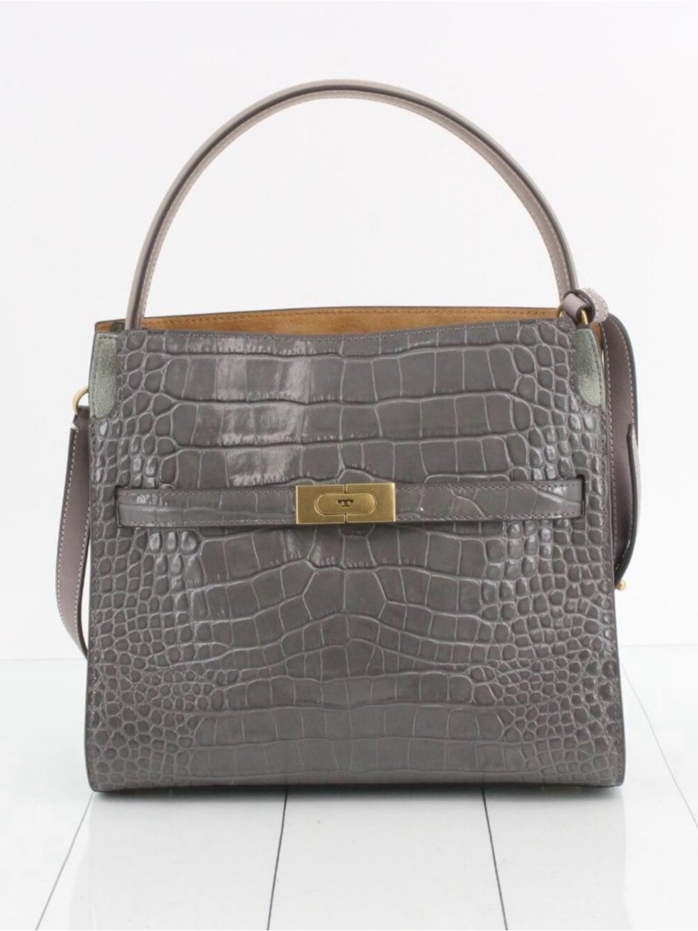 NWT Tory Burch Lee Radziwill Croc-Embossed Leather 2 Way Bag in Mineral Gray - Picture 5 of 16